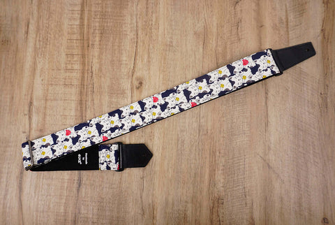 white lucky cat guitar strap with leather ends-3