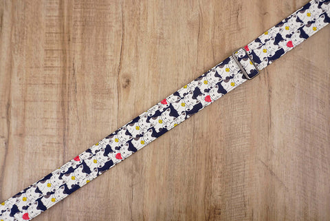 white lucky cat guitar strap with leather ends-5