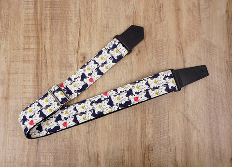 white lucky cat guitar strap with leather ends-6