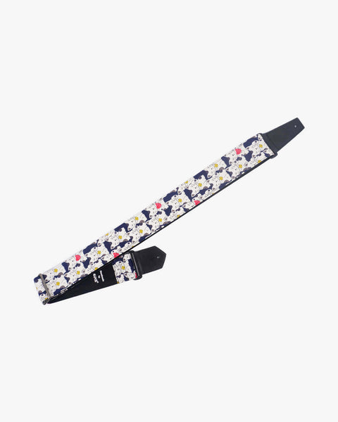 white lucky cat guitar strap with leather ends-1