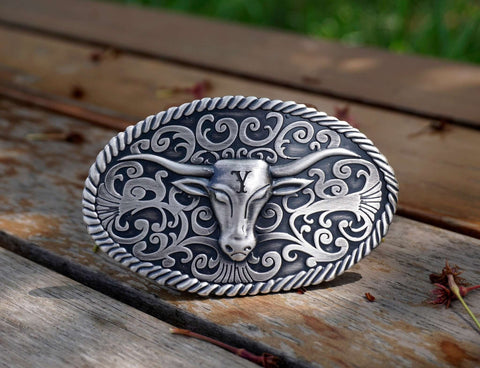 Personalized Long Horns Silver Plated Belt Buckle with long horns, retro branch pattern. Custom monogram Belt Buckle for him, Groomsman-1