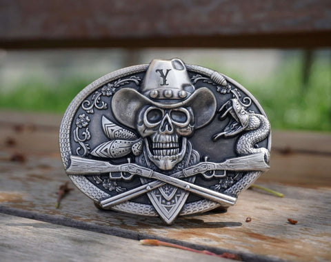 Personalized Cowboy Skull Silver Plated Belt Buckle with cowboy hat, rose, guns, snake. Custom monogram Belt Buckle for him, Groomsman-1