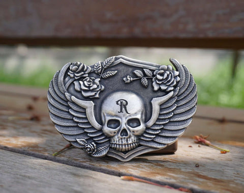 Personalized Wing Skull Silver Plated Belt Buckle with skull, rose, wings. Custom monogram Belt Buckle for him, Groomsman-1