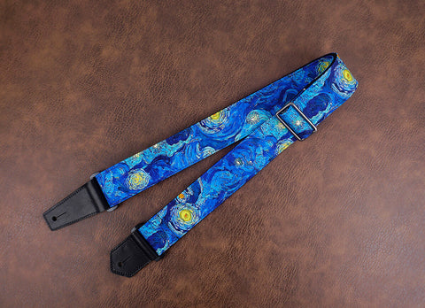 Van Gogh Starry Night guitar strap with leather ends-2