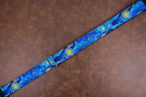 Van Gogh Starry Night guitar strap with leather ends-5