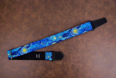 Van Gogh Starry Night guitar strap with leather ends-3