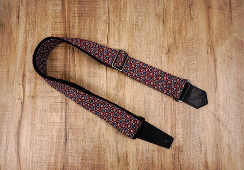 Paisley on red guitar strap with leather ends-2