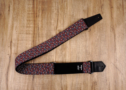 Paisley on red guitar strap with leather ends-4