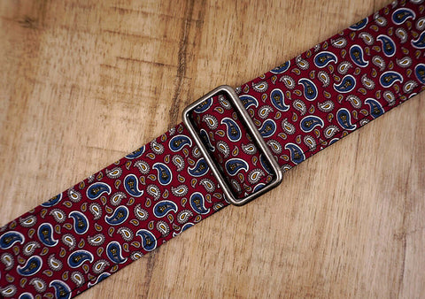 Paisley on red guitar strap with leather ends-6