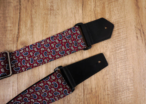 Paisley on red guitar strap with leather ends-7