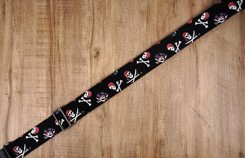 Pirate on black guitar strap with leather ends -4