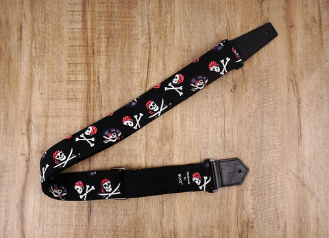 Pirate on black guitar strap with leather ends -2
