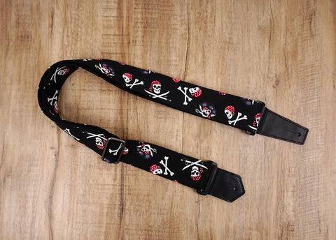 Pirate on black guitar strap with leather ends -3
