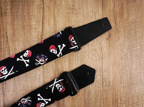 Pirate on black guitar strap with leather ends -5