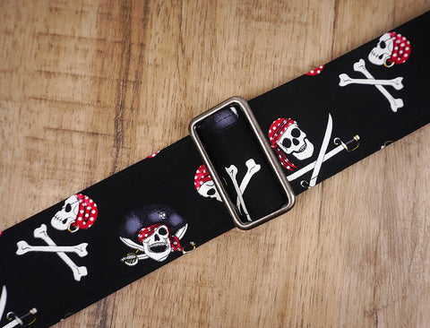Pirate on black guitar strap with leather ends -6