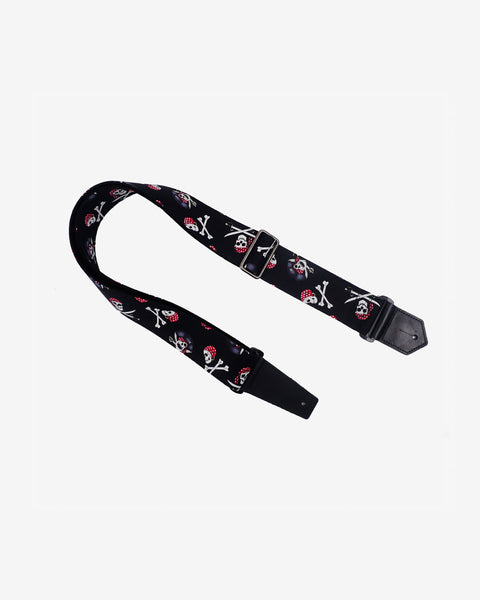 Pirate on black guitar strap with leather ends -1
