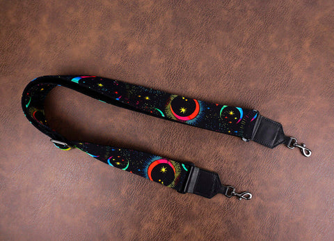 rainbow moon star banjo strap with leather ends and hook, also can be used as purse guitar strap-3