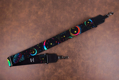 rainbow moon star banjo strap with leather ends and hook, also can be used as purse guitar strap-2
