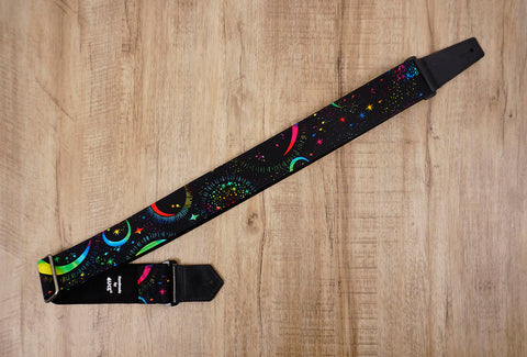 Rainbow Moon Star Guitar Strap with leather ends -3
