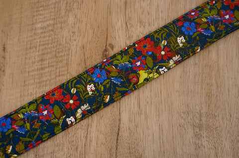red blue flowers ukulele shoulder strap with leather ends-4