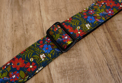 red blue flowers ukulele shoulder strap with leather ends-5