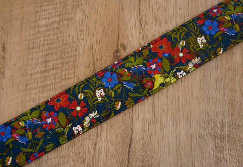 red blue flowers ukulele shoulder strap with leather ends-7