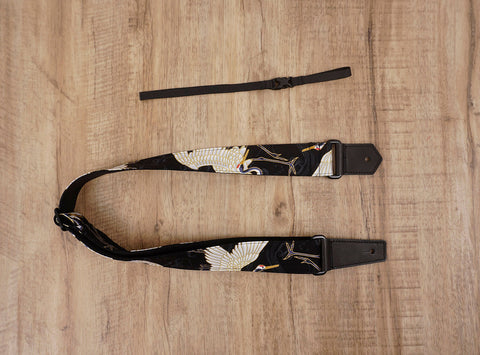 red-crowned crane ukulele shoulder strap with leather ends-3