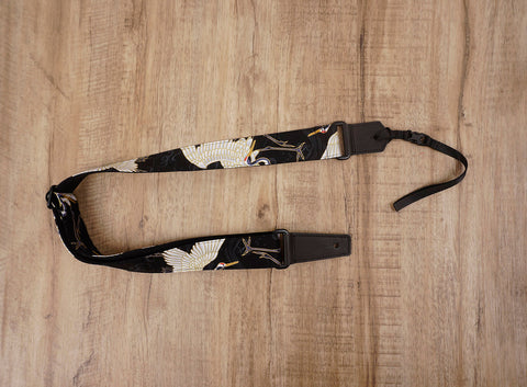 red-crowned crane ukulele shoulder strap with leather ends-2