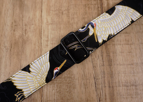red-crowned crane ukulele shoulder strap with leather ends-5