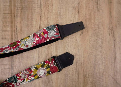 art red sunflower guitar strap for girls with leather ends -3