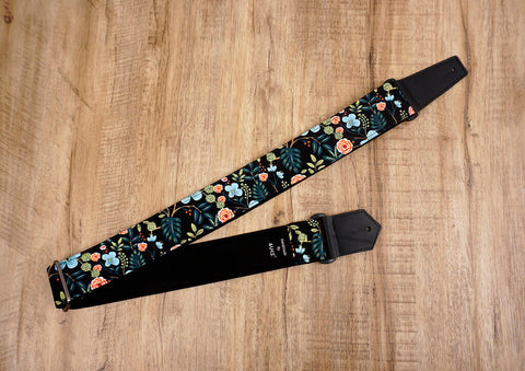 colorful rose guitar strap with leather ends-2