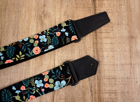 colorful rose guitar strap with leather ends-7