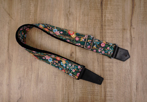 secret garden floral guitar strap with leather ends -2