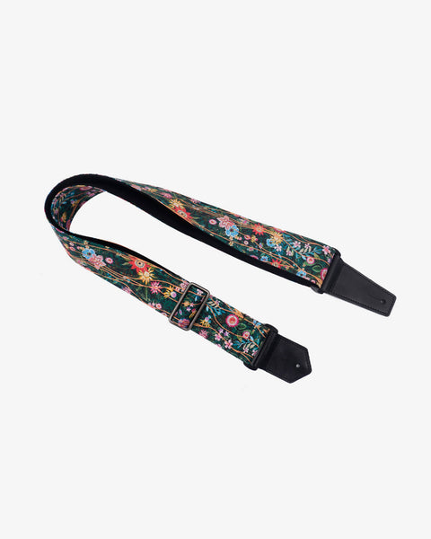secret garden floral guitar strap with leather ends -1
