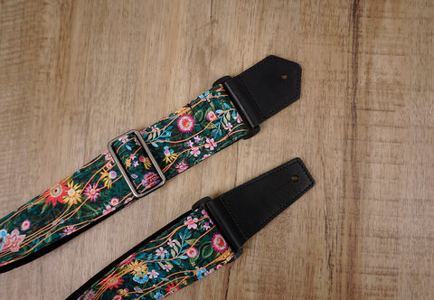secret garden floral guitar strap with leather ends -3