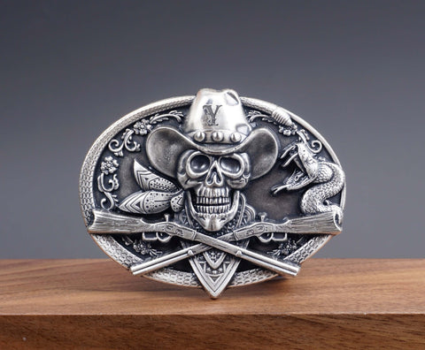 Personalized Cowboy Skull Silver Plated Belt Buckle with cowboy hat, rose, guns, snake. Custom monogram Belt Buckle for him, Groomsman-2