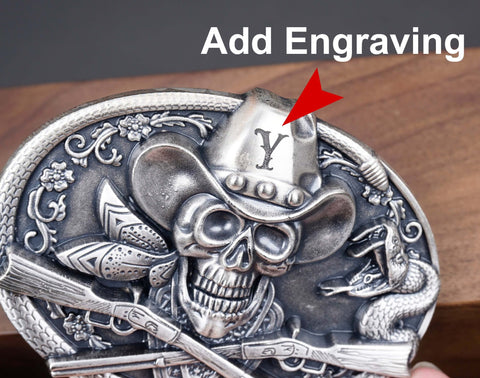 Personalized Cowboy Skull Silver Plated Belt Buckle with cowboy hat, rose, guns, snake. Custom monogram Belt Buckle for him, Groomsman-8