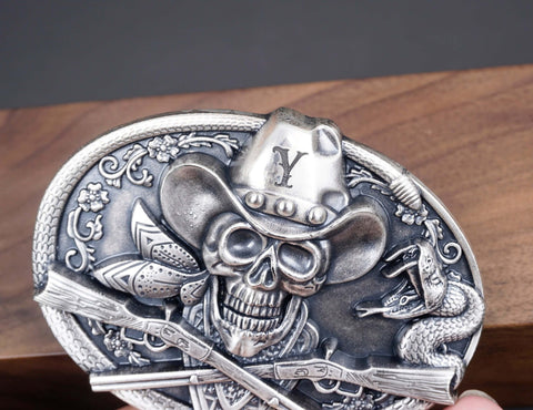 Personalized Cowboy Skull Silver Plated Belt Buckle with cowboy hat, rose, guns, snake. Custom monogram Belt Buckle for him, Groomsman-9