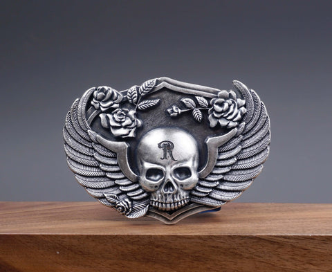 Personalized Wing Skull Silver Plated Belt Buckle with skull, rose, wings. Custom monogram Belt Buckle for him, Groomsman-2