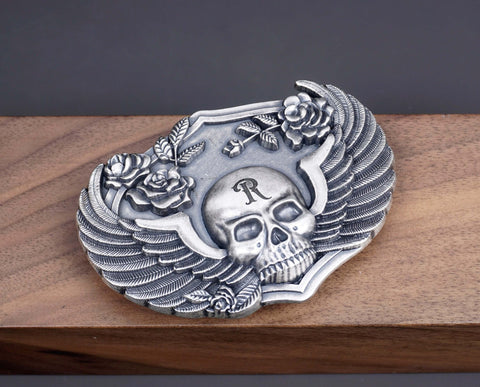 Personalized Wing Skull Silver Plated Belt Buckle with skull, rose, wings. Custom monogram Belt Buckle for him, Groomsman-3