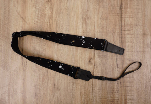 star on black ukulele shoulder strap with leather ends-2