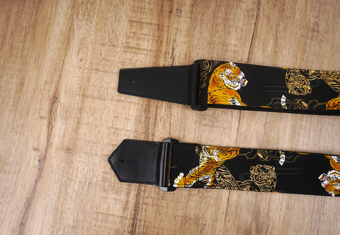 tiger guitar strap with leather ends-3