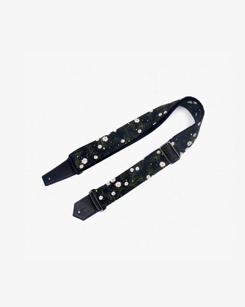 White Daisy floral guitar strap with leather ends-1