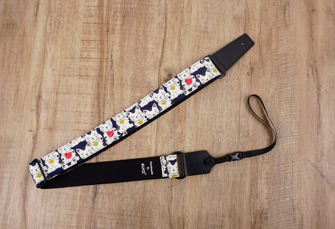 white lucky cat ukulele shoulder strap with leather ends - 3